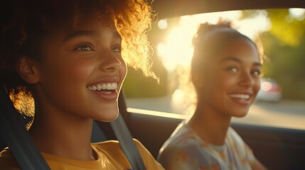 Two young women friends smiling in a car during a joyful road trip