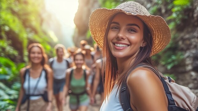 Smiling woman wearing a straw hat while hiking with a group of friends in nature - Powered by Adobe