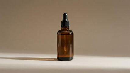 A clean sharp studio shot captures a blank amber dropper bottle (mockup) isolated on a warm neutral background