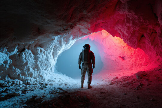 Futuristic explorer standing near neon-lit cave on Mars