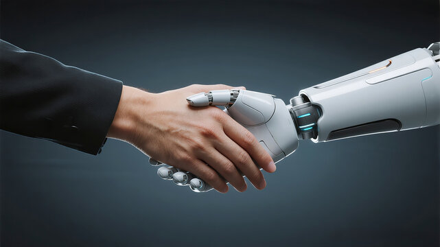 A diverse human hand and a sleek robotic hand are captured in a close-up about to shake in a dynamic, cool-toned studio setting