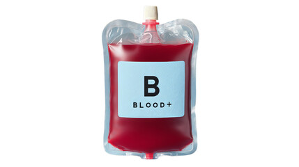 A sealed blood bag labeled B+ showcasing a medical context for transfusions.