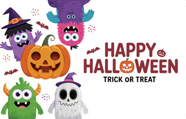 Cute cartoon Halloween greeting card with colorful monsters, jack o lantern pumpkin, flying bats, fun trick or treat festive celebration design