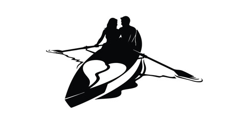 Couple rowing a boat together in silhouette, symbolizing partnership and journey.