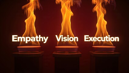 Flaming pillars representing Empathy, Vision, and Execution in Leadership, Strategy, and Team Alignment for Success