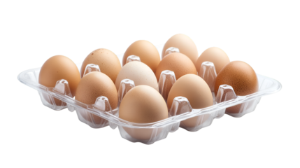 A dozen brown eggs in a clear plastic carton, , ready for cooking and baking