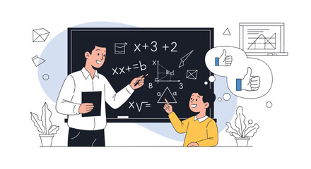 An engaging male teacher guides a smiling student through a mathematics lesson, fostering a positive and interactive educational environment.