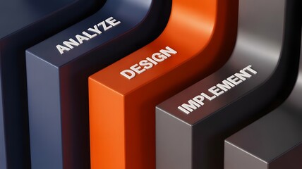 Curved, colorful blocks labeled Analyze, Design, Implement illustrating sequential workflow stages for product development and project planning