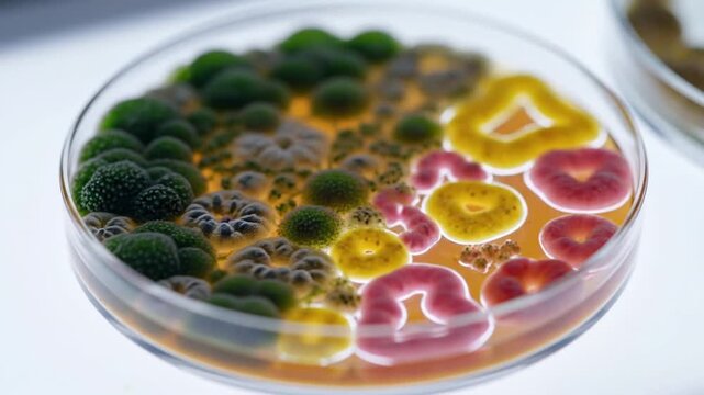 Close up of a petri dish with yellow agar and various colored bacterial colonies growing on the surface