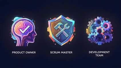 Collaborative Agile Roles: Product Owner, Scrum Master and Development Team depicted in a dynamic software project environment