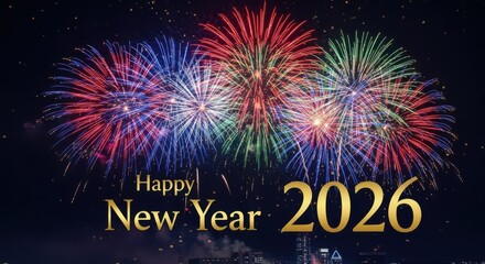 2026 New Year card, colorful fireworks poster background, New Year 2026 banner