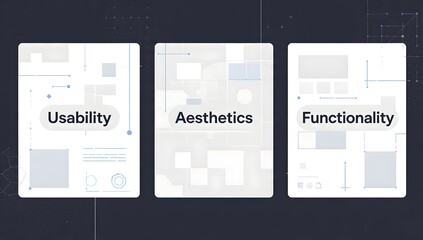 Three design concept panels showcasing Usability, Aesthetics, and Functionality on a dark blue background with abstract UI elements and grid patterns