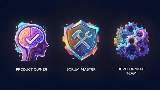 Collaborative Agile Roles: Product Owner, Scrum Master and Development Team depicted in a dynamic software project environment
