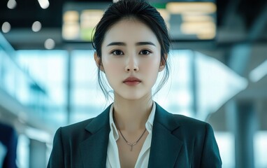 A confident businesswoman smiling in a modern office, symbolizing leadership, professionalism, and success in the workplace, Professional Confidence and Leadership.