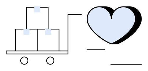 Trolley carrying boxes alongside a heart shape signifies delivery, care, and customer satisfaction. Ideal for logistics, charity, support, relationships, e-commerce service teamwork. Simple flat