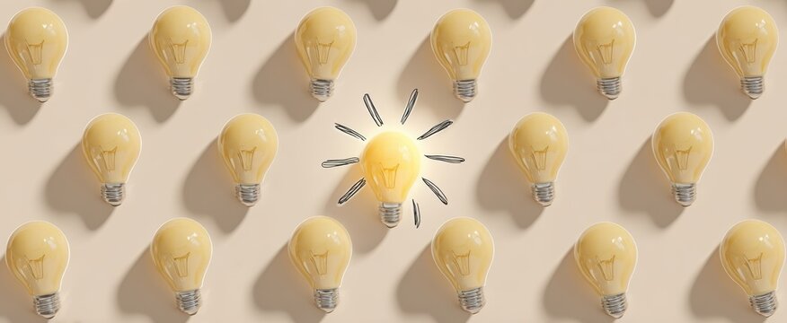 The Lightbulb Standing Out Among Identical Bulbs On A Neutral Background