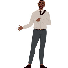 Professional Black Man Standing Confidently Gesturing With One Hand While Wearing A Light Beige Button Down Shirt Dark Gray Trousers And Black Shoes With A Tie Loosely Hanging Against A Transparent