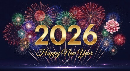 2026 New Year card, colorful fireworks poster background, New Year 2026 banner