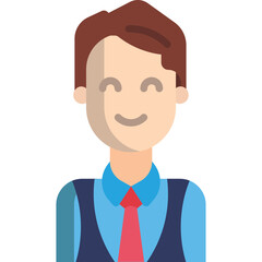 Portrait of a smiling man wearing a blue collared shirt a dark vest and a red tie with short brown hair and a shadow on the left side of his face against a transparent background