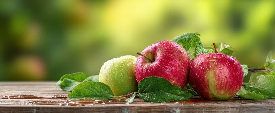 The Apples on a Rustic Wooden Table with Dew Drops and Leaves