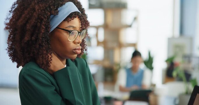 Uncomfortable, woman or neck pain in office with tech for finance stress, data analysis or stats review. Financial analyst, person and coworking in business with computer, muscle tension and burnout. - Powered by Adobe