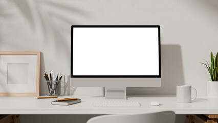 Naklejka premium 3D workspace with desktop computer, office supplies, houseplant and books at office