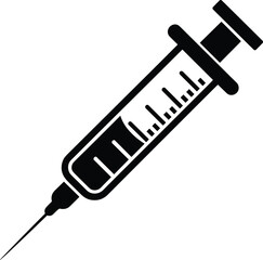 Black Silhouette of a Medical Syringe with Needle and Markings Keywords: syringe, medical