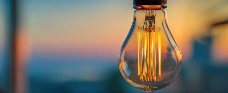 The light bulb glowing against a blurred sunset cityscape background
