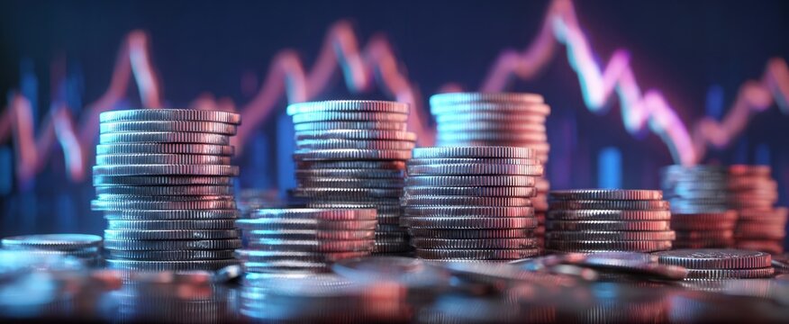 The Coin Stacks Representing Financial Growth Against Blurred Stock Market Graph Background