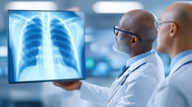 Healthcare professionals analyze chest X ray in medical facility, showcasing their expertise in diagnosing respiratory conditions. collaboration highlights importance of teamwork in healthcare