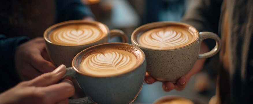 The Latte Cups Clinked Together by Friends in a Cozy Cafe