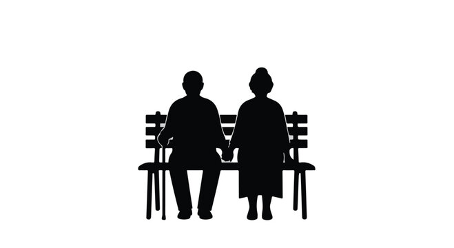 Elderly couple holding hands on a park bench, symbolizing enduring love and companionship.