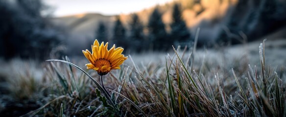 The flower standing alone in frosty meadow at sunrise with blurred forest backdrop