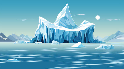 Large Iceberg in Frozen Ocean – Arctic Winter Landscape Vector Illustration. 