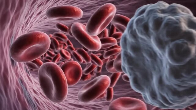 Red blood cells flowing in a vein with a white blood cell blocking the blood flow in the vein