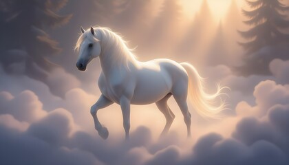 Majestic equine standing amidst fluffy clouds in serene sunlit forest landscape