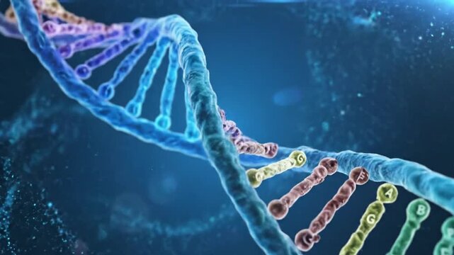 Close up of a colorful dna double helix structure on a blue background with particles around it