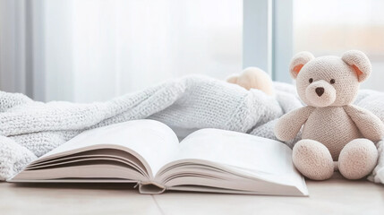 Open children's book with teddy bear on soft blanket indoors  