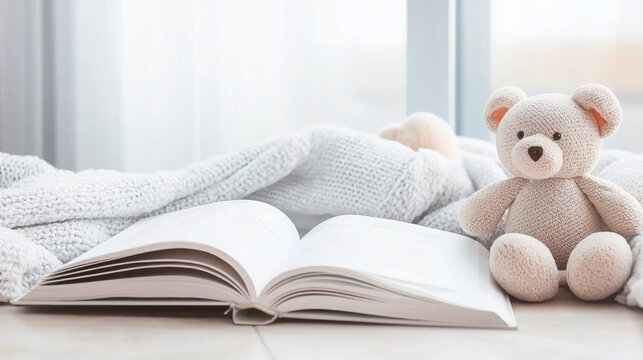 Open children's book with teddy bear on soft blanket indoors  