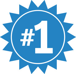 Blue starburst badge with white number 1 and hash symbol number one first