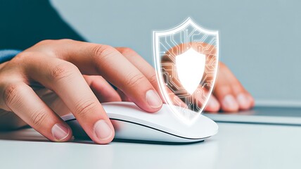 Cybersecurity protection with hand using computer mouse and digital security shield icon