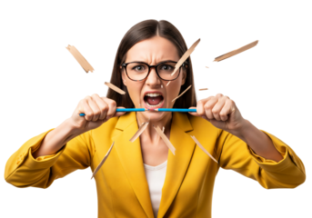 Frustrated Businesswoman Breaking Pencil, Stressed Female Worker, Overwhelmed Office Stress, Angry Employee Expression, Workplace Burnout, Deadline Pressure, Emotional Outburst Isolated on transparent