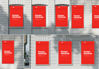 Set of Vertical Poster Mockups Arranged on a Modern Patterned Wall Grid