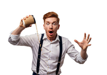 Surprised Man Spilling Coffee, Shocked Male Beverage Accident, Messy Drink Spill, Unexpected Incident, Expressive Reaction, Daily Mishap, Morning Rush Isolated on transparent background, png