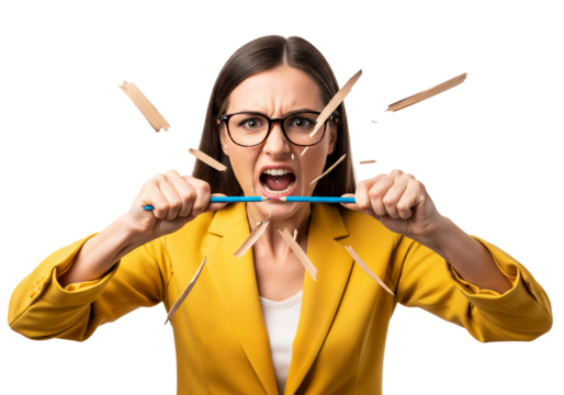 Frustrated Businesswoman Breaking Pencil, Stressed Female Worker, Overwhelmed Office Stress, Angry Employee Expression, Workplace Burnout, Deadline Pressure, Emotional Outburst Isolated on transparent