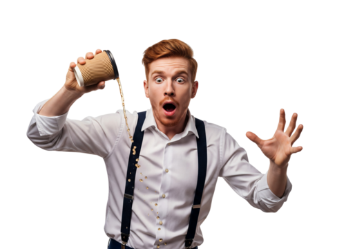 Surprised Man Spilling Coffee, Shocked Male Beverage Accident, Messy Drink Spill, Unexpected Incident, Expressive Reaction, Daily Mishap, Morning Rush Isolated on transparent background, png