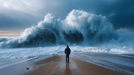 Dramatic giant ocean wave approaching a lone man standing on the beach, powerful sea storm landscape symbolizing challenge, courage, and nature’s force