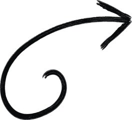 Handdrawn black arrow with a spiral tail, pointing to the right, created with a brush stroke for a rough texture