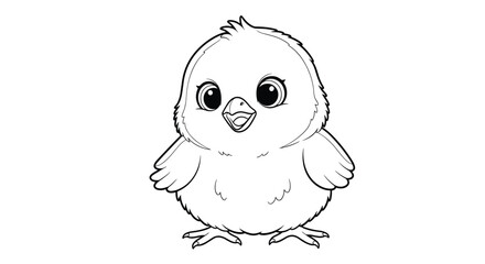 Obraz premium Adorable cartoon baby chick smiling, a black and white outline drawing for children's coloring pages and activities.