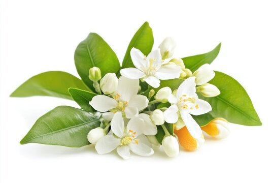 A vibrant orange flower with delicate white petals and yellow centers, nestled among lush green leaves.